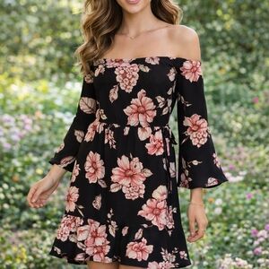 Xhilaration Black Off-Shoulder Floral Dress with Pink Blooms